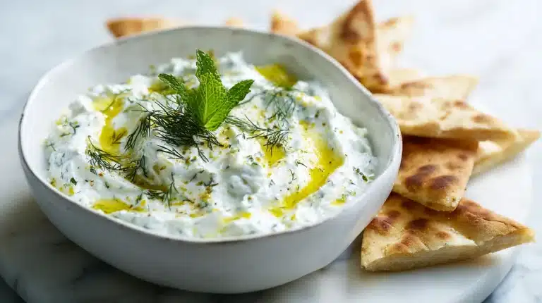 A rustic bowl of Tzatziki with Greek Yogurt topped with olive oil and dill.