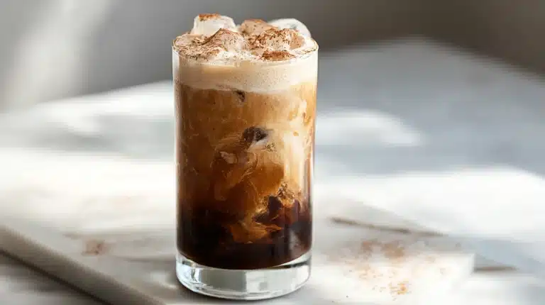 A tall glass of creamy vegan iced coffee with layered oat milk and espresso.