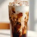 A tall, elegant glass of creamy vegan iced coffee on a marble countertop. Dark coffee is layered with swirling white oat milk and topped with a dusting of cocoa powder, representing the best vegan iced coffee recipe.