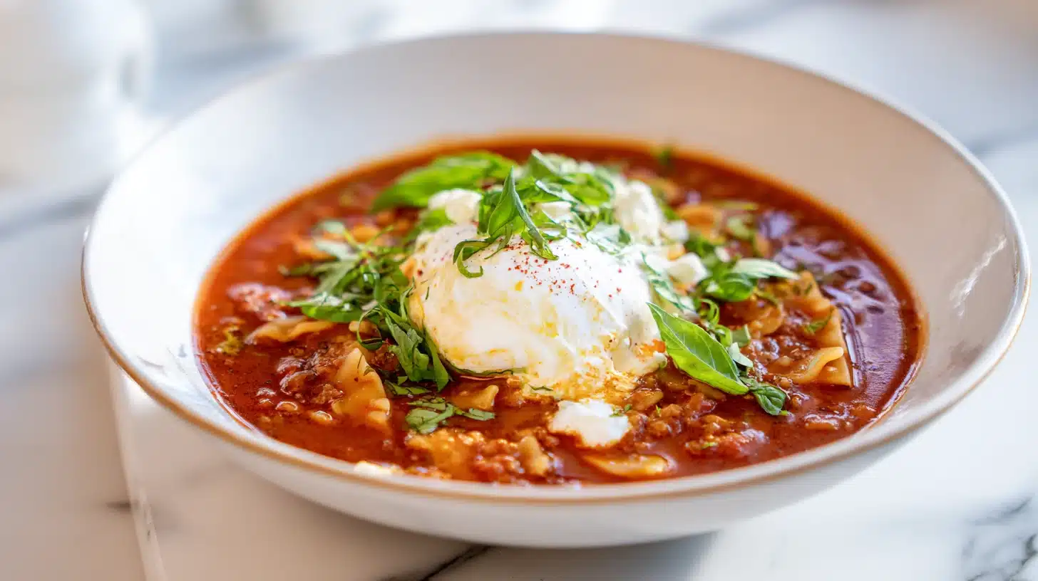 A bowl of Vegetarian Lasagna Soup with ricotta and mozzarella