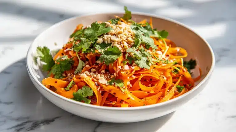 A bowl of viral ribbon carrot salad with chili crisp and peanuts on a wooden board.