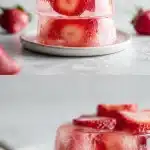 A beautifully set, translucent and wobbly strawberry gelatin dessert in a glass bowl, garnished with fresh sliced strawberries on top, representing a clean, healthy, high-protein bariatric gelatin snack.