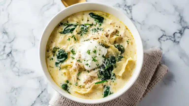 A bowl of White Chicken Lasagna Soup with noodles and spinach