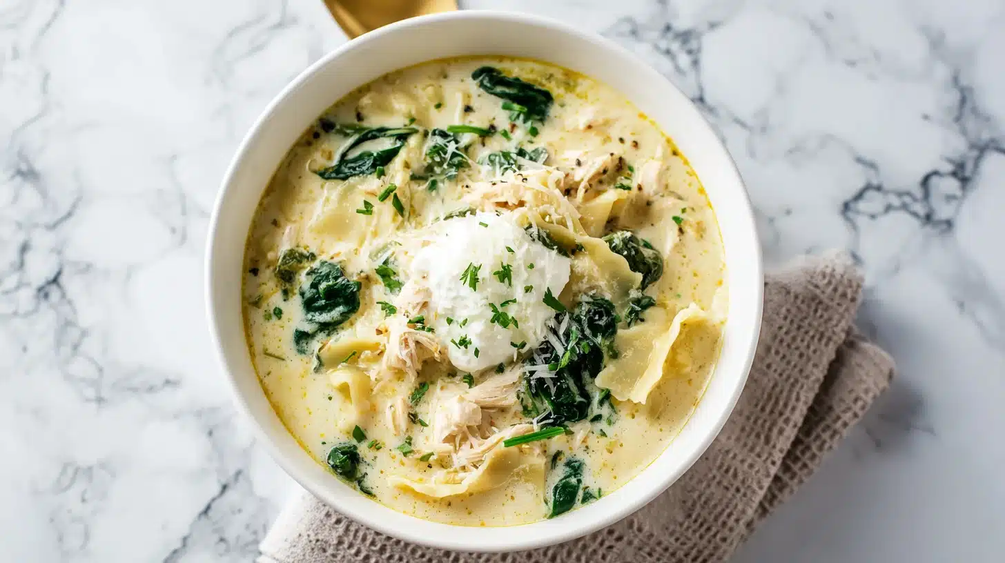 Cozy White Chicken Lasagna Soup 25 A bowl of White Chicken Lasagna Soup with noodles and spinach