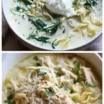 A steaming bowl of White Chicken Lasagna Soup filled with shredded chicken, wilted spinach, and broken lasagna noodles, topped with a dollop of ricotta cheese and a sprinkle of grated parmesan, sitting on a rustic wooden table.
