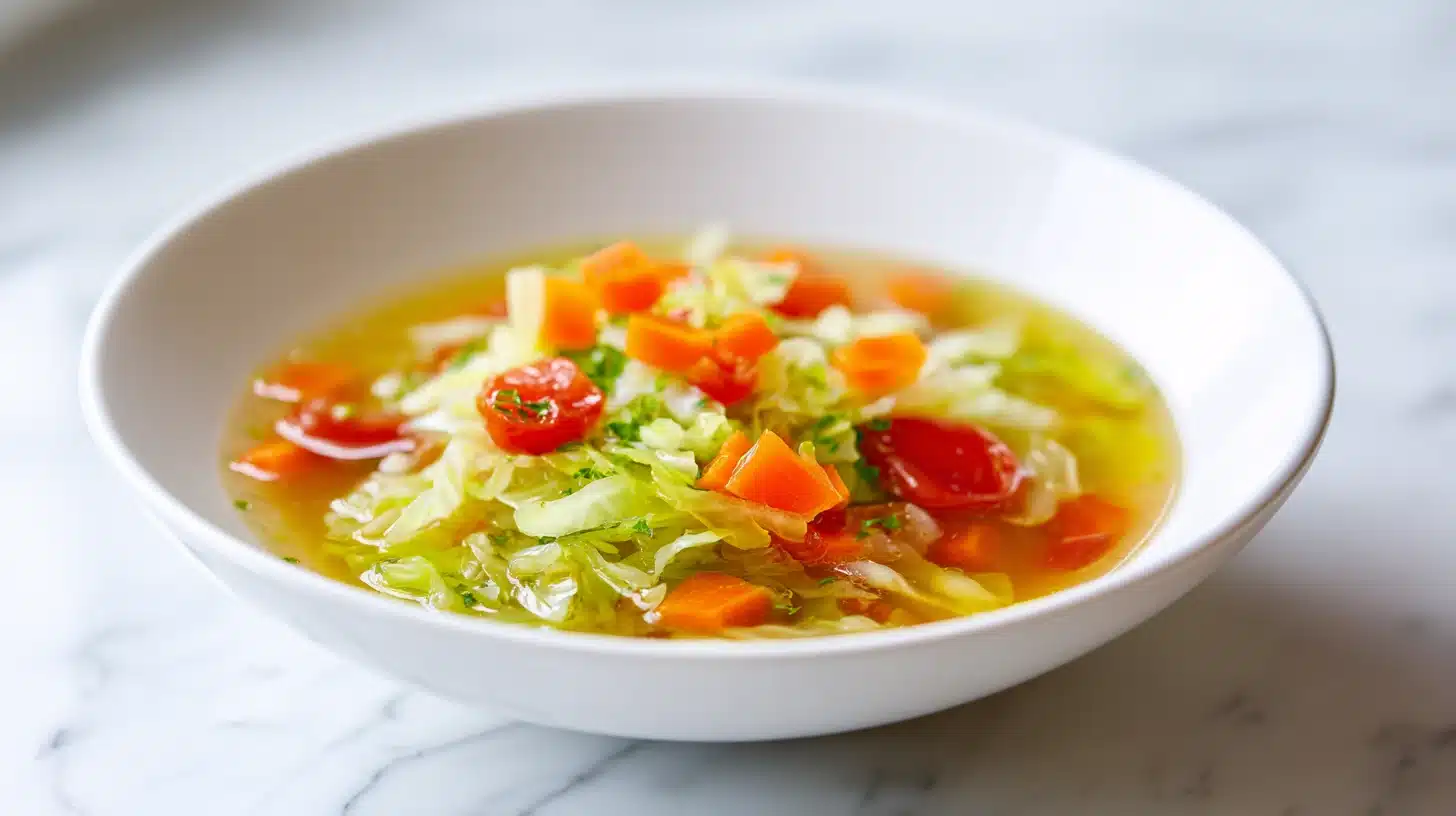 The Wonder Soup (Cabbage Soup Diet) Recipe That Actually Tastes Good 24 A bowl of wonder soup (cabbage soup diet) with a rich tomato broth.