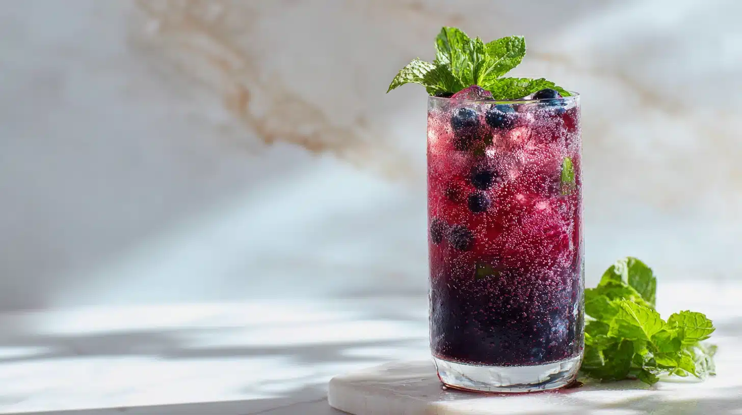 The Zero-Sugar Blueberry Mojito You Will Crave All Summer 20 A refreshing zero-sugar blueberry mojito in a tall glass with mint and lime