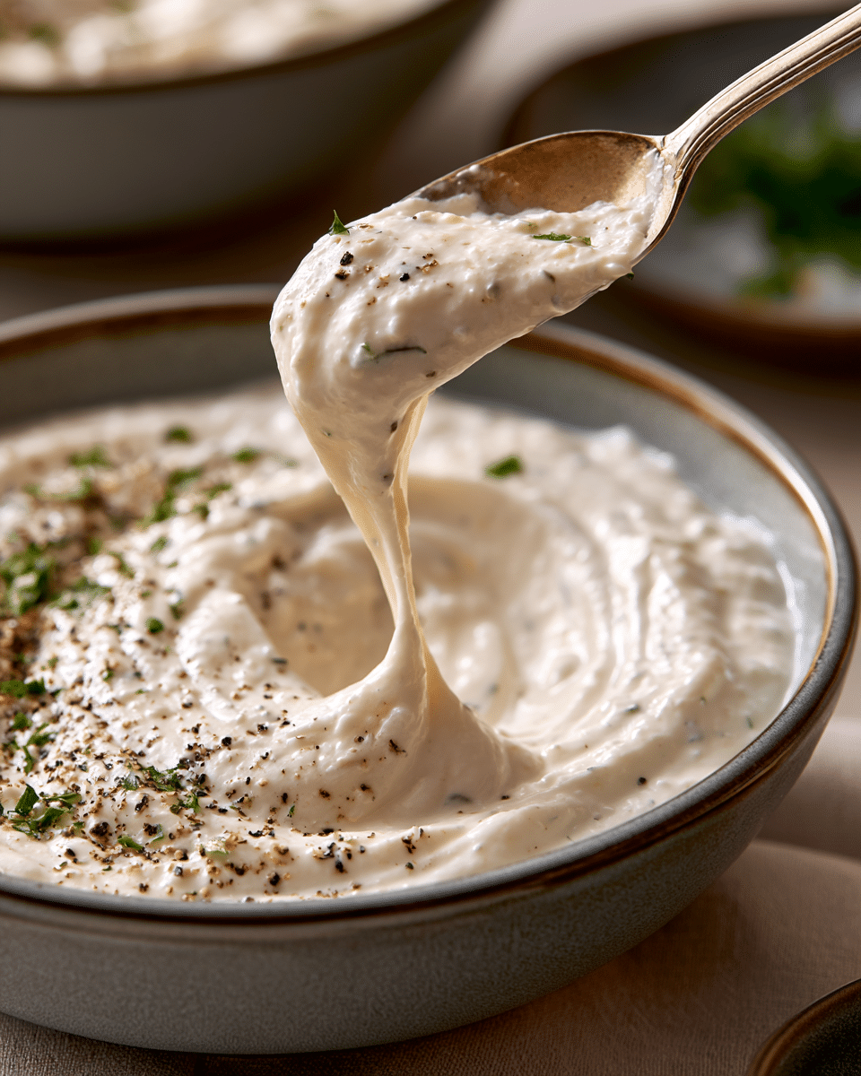 A bowl of cottage cheese blended completely smooth, topped with cracked black pepper and chopped herbs, with a spoon lifting a thick ribbon