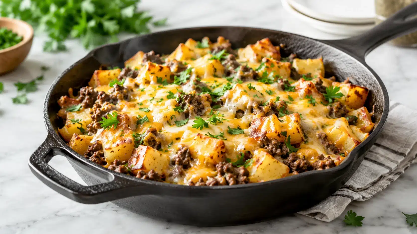 The Ultimate Hamburger Hash: Crispy Potatoes, Savory Beef, and Melted Cheese in One Pan 2 A cast iron skillet of Hamburger Hash with crispy potatoes and melted cheese