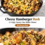 A cast iron skillet holds a hearty Cheesy Hamburger Hash with crispy, golden-brown potato cubes and crumbled ground beef, all covered in a layer of bubbling melted Colby Jack cheese and sprinkled with chopped green parsley.